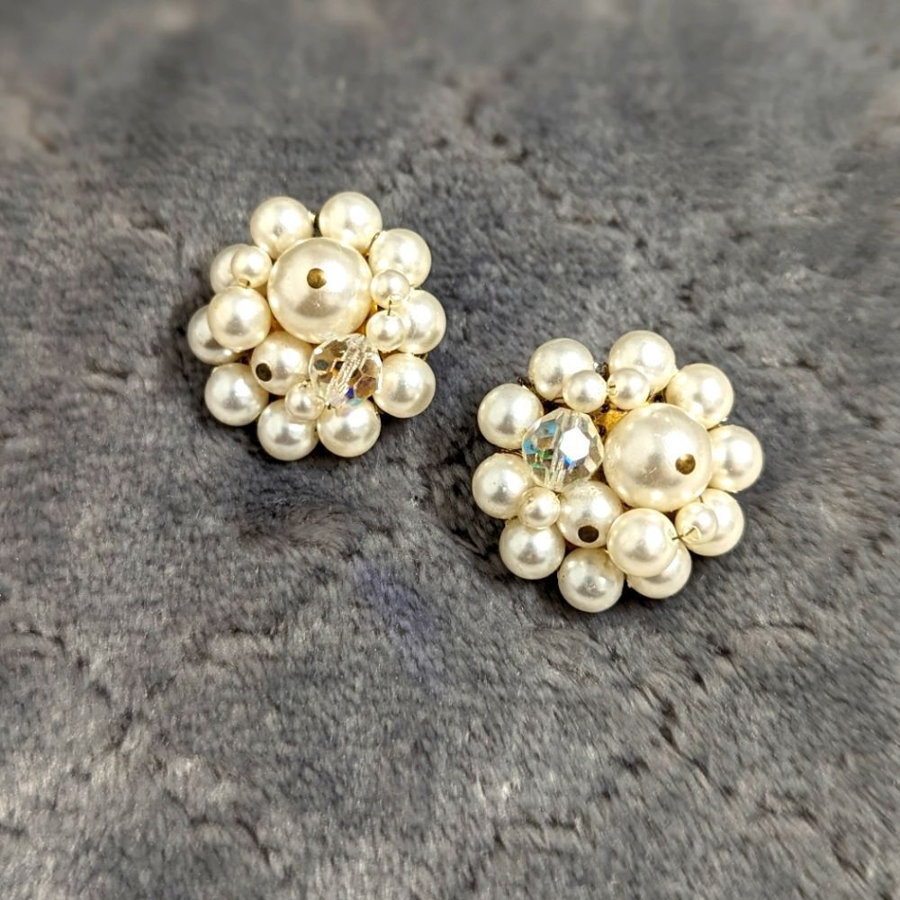 Vintage 50's Faux White Pearl Button Clip Earrings - Stamped Japan